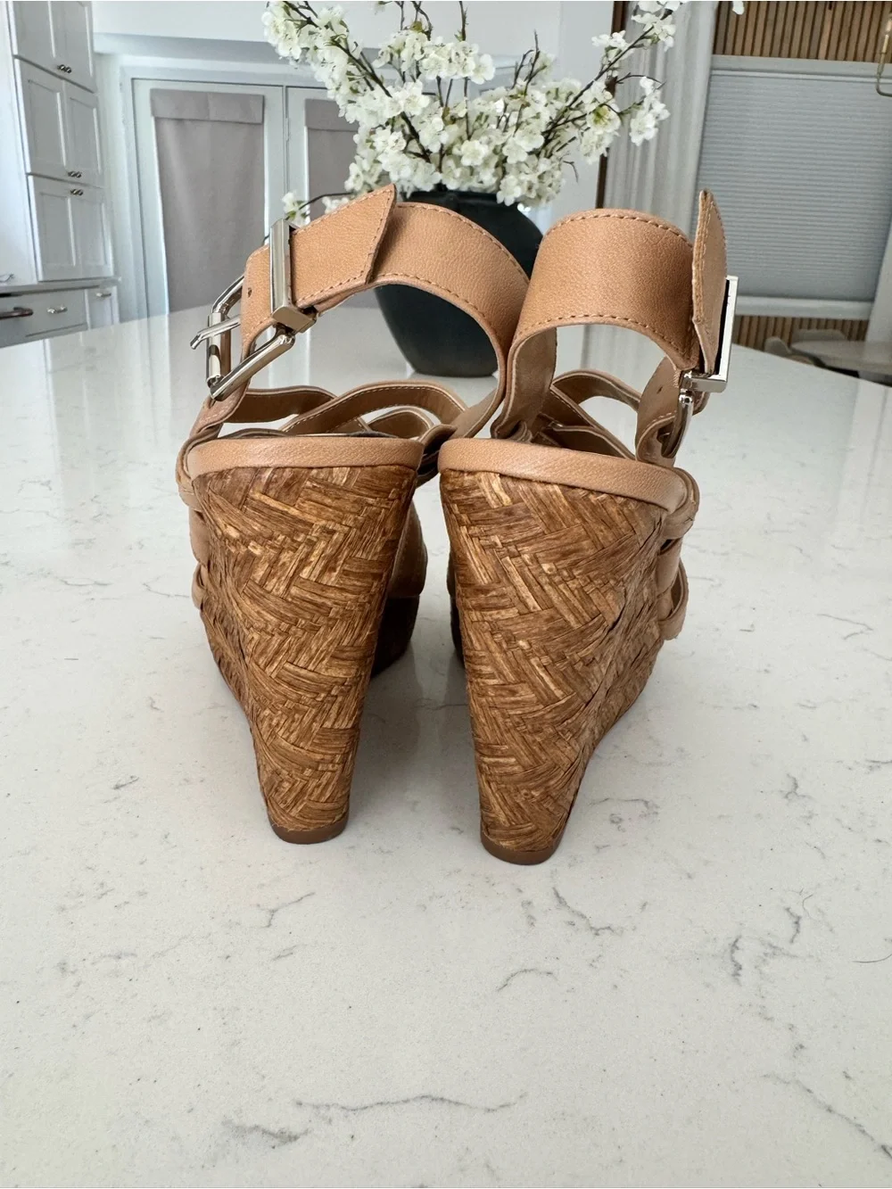 Jessica Simpson Tan Woven Leather Strappy Wedge Sandals